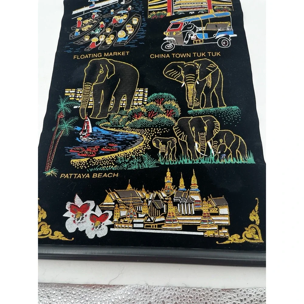 Vintage Thailand  Black Velvet Wall Hanging Souvenir Highlights Embroidered EUC